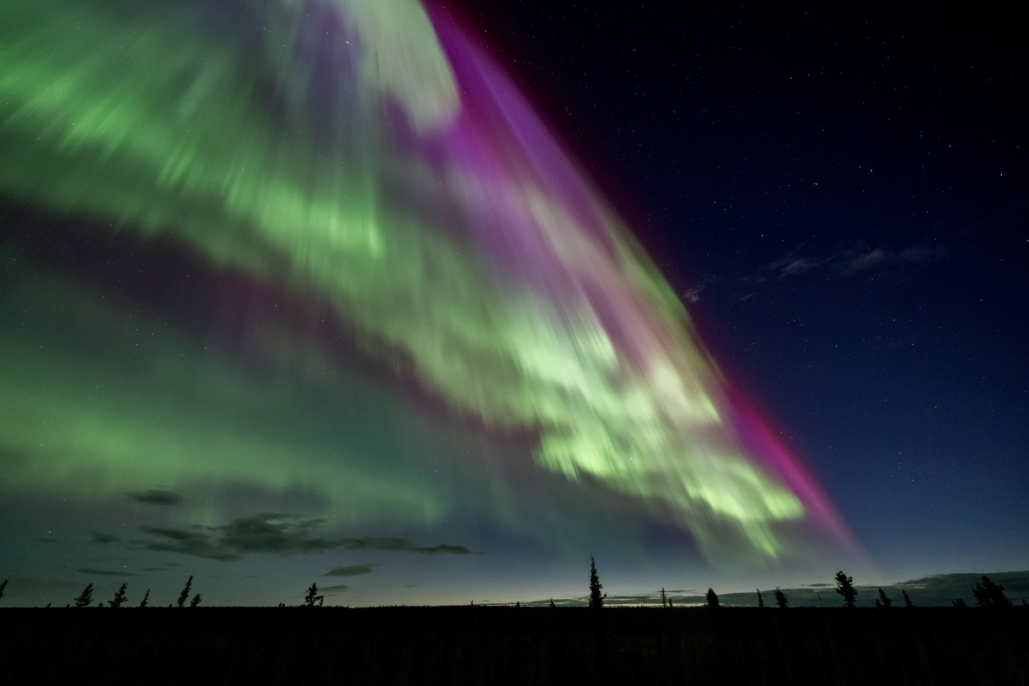 Wide aurora curtains in Alaska
