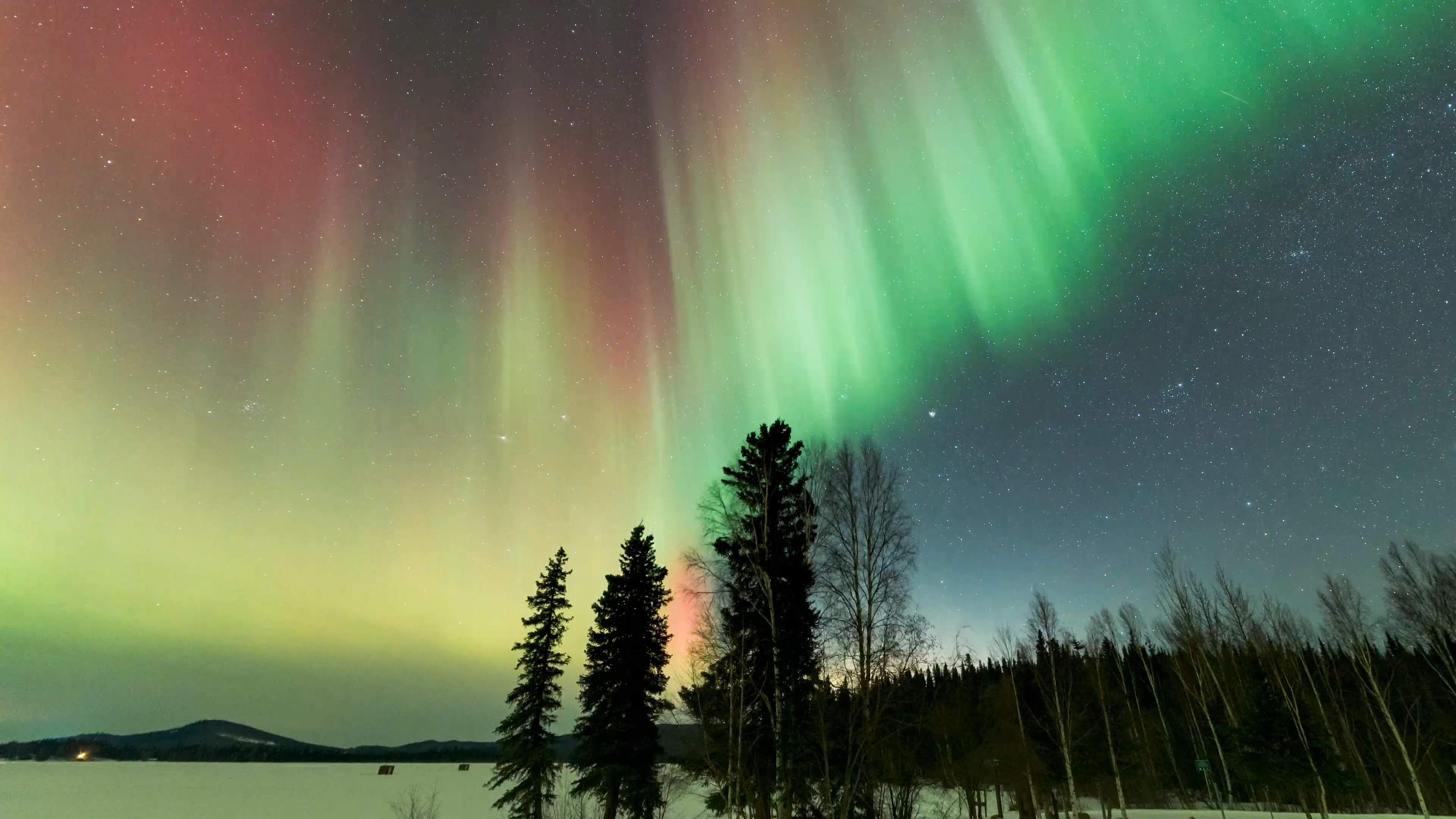 Full night timelapse video of the aurora borealis from Birch Lake, Alaska.